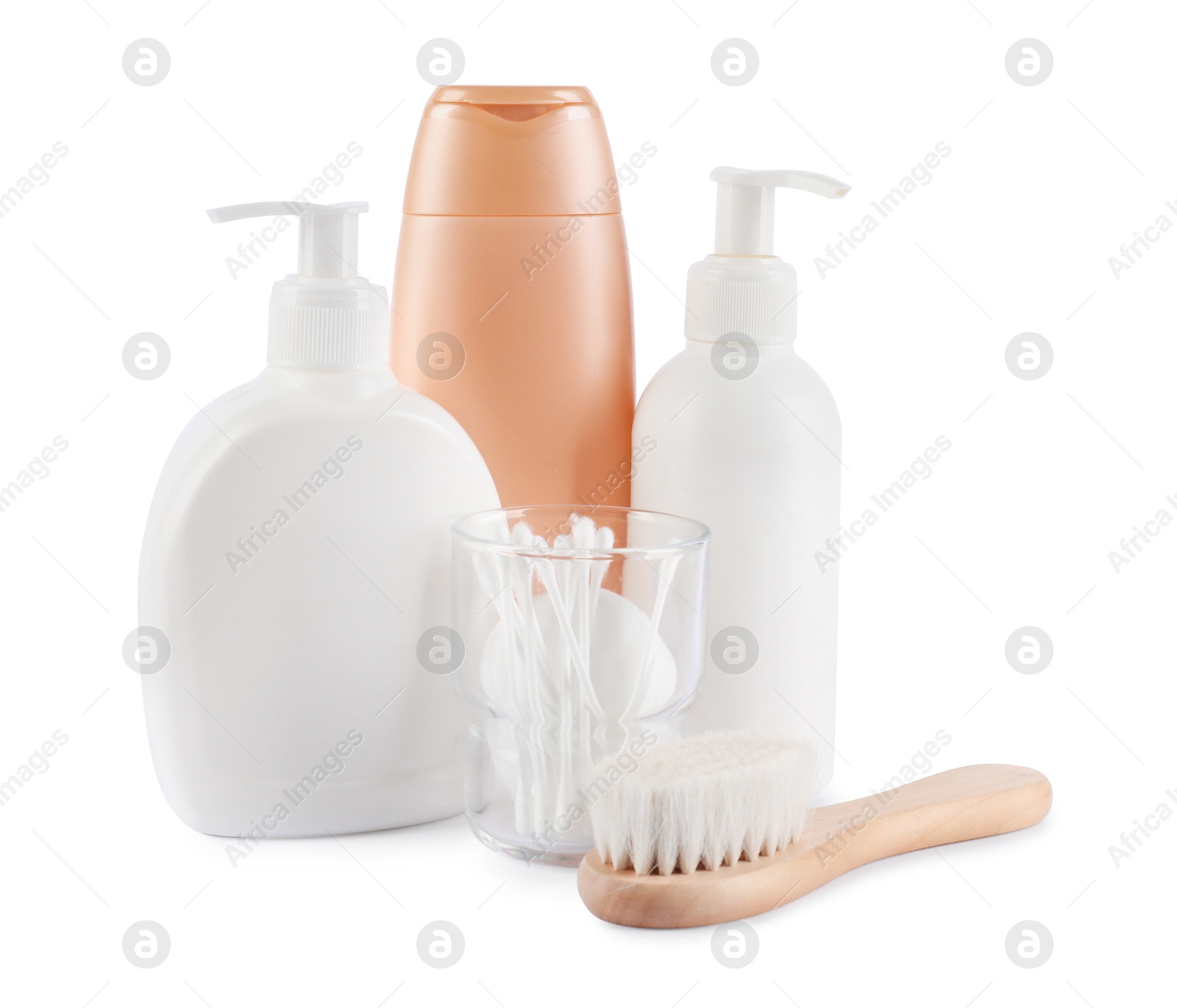 Many different baby bathroom necessities isolated on white Photo of Many different baby bathroom necessities isolated on white