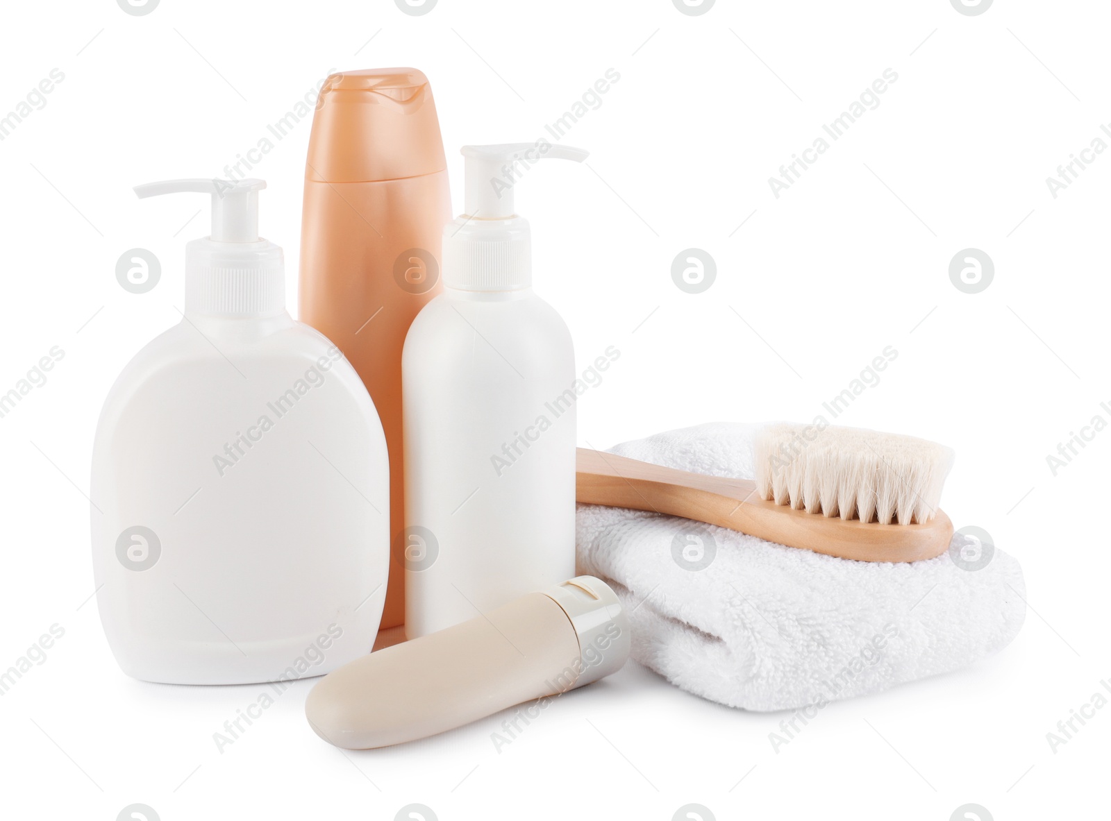 Many different baby bathroom necessities isolated on white Photo of Many different baby bathroom necessities isolated on white