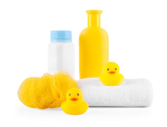 Photo of Many different baby bathroom necessities isolated on white