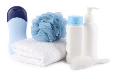 Photo of Many different baby bathroom necessities isolated on white