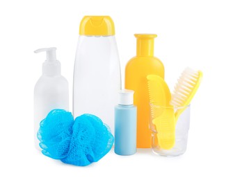 Photo of Many different baby bathroom necessities isolated on white