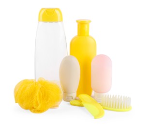 Photo of Many different baby bathroom necessities isolated on white