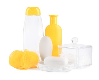 Photo of Many different baby bathroom necessities isolated on white