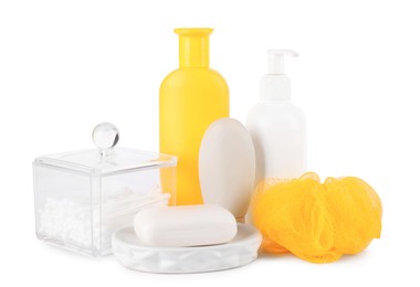 Photo of Many different baby bathroom necessities isolated on white