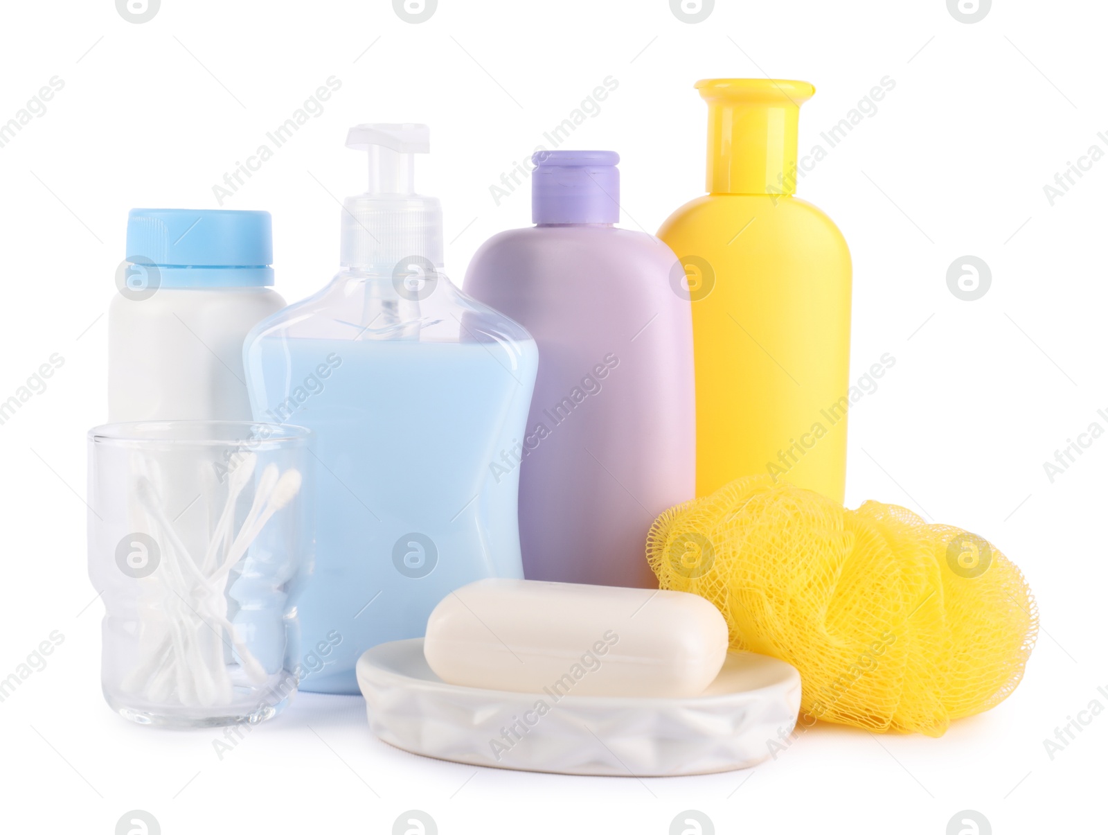 Many different baby bathroom necessities isolated on white Photo of Many different baby bathroom necessities isolated on white