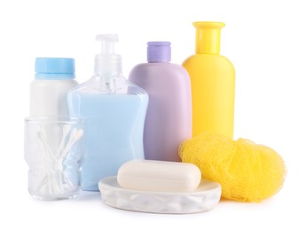 Photo of Many different baby bathroom necessities isolated on white