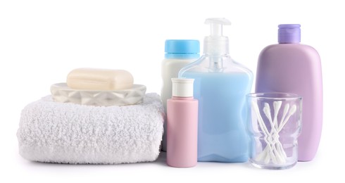 Photo of Many different baby bathroom necessities isolated on white