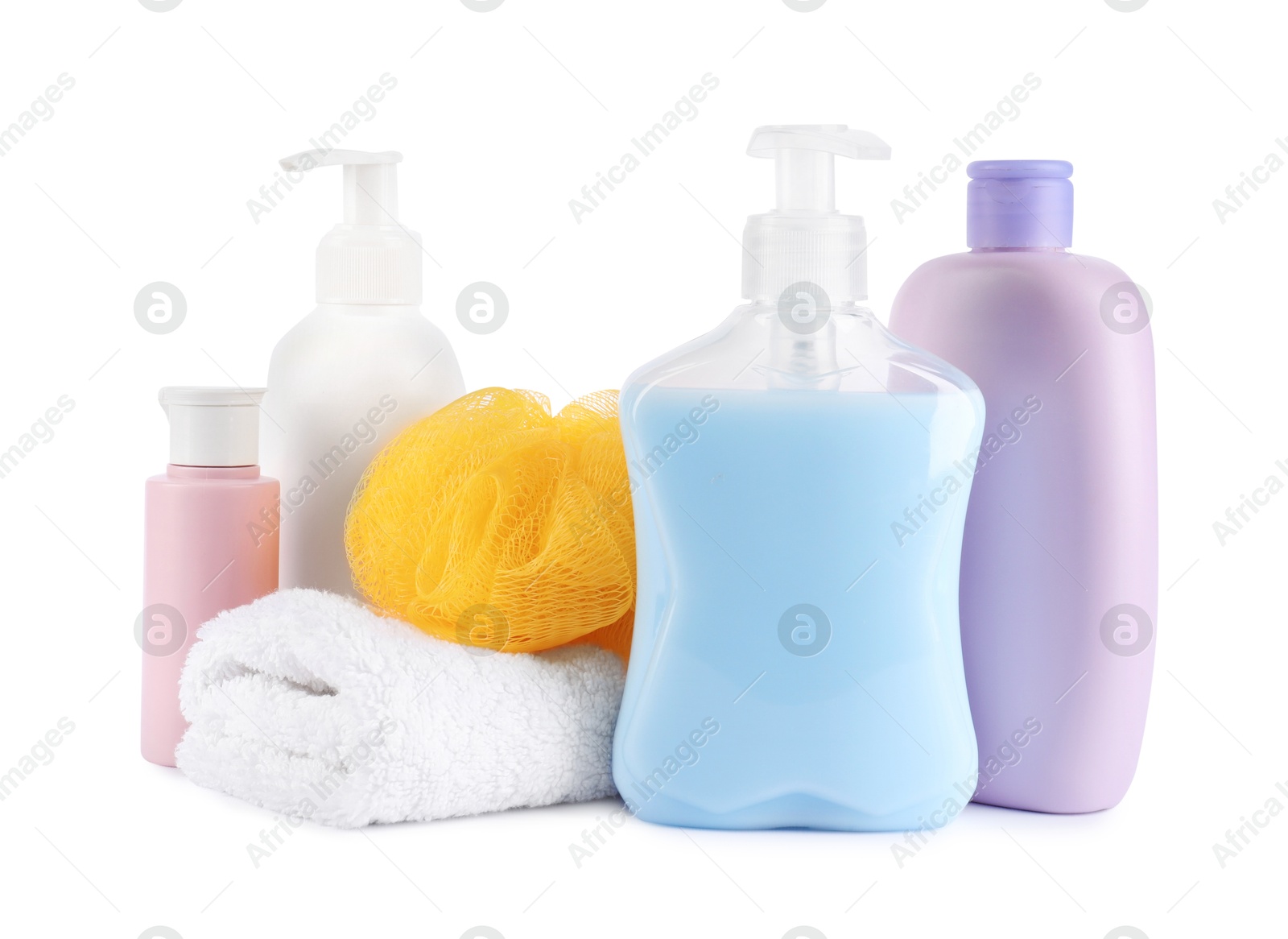 Many different baby bathroom necessities isolated on white Photo of Many different baby bathroom necessities isolated on white
