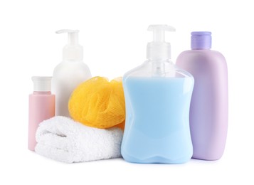 Photo of Many different baby bathroom necessities isolated on white