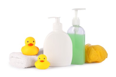 Photo of Many different baby bathroom necessities isolated on white