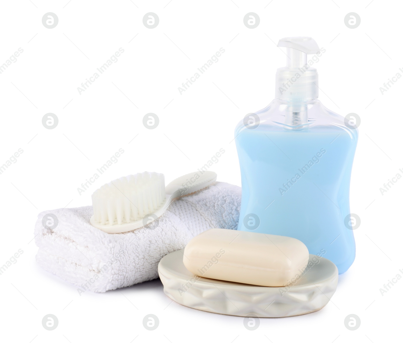 Many different baby bathroom necessities isolated on white Photo of Many different baby bathroom necessities isolated on white