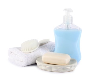 Photo of Many different baby bathroom necessities isolated on white