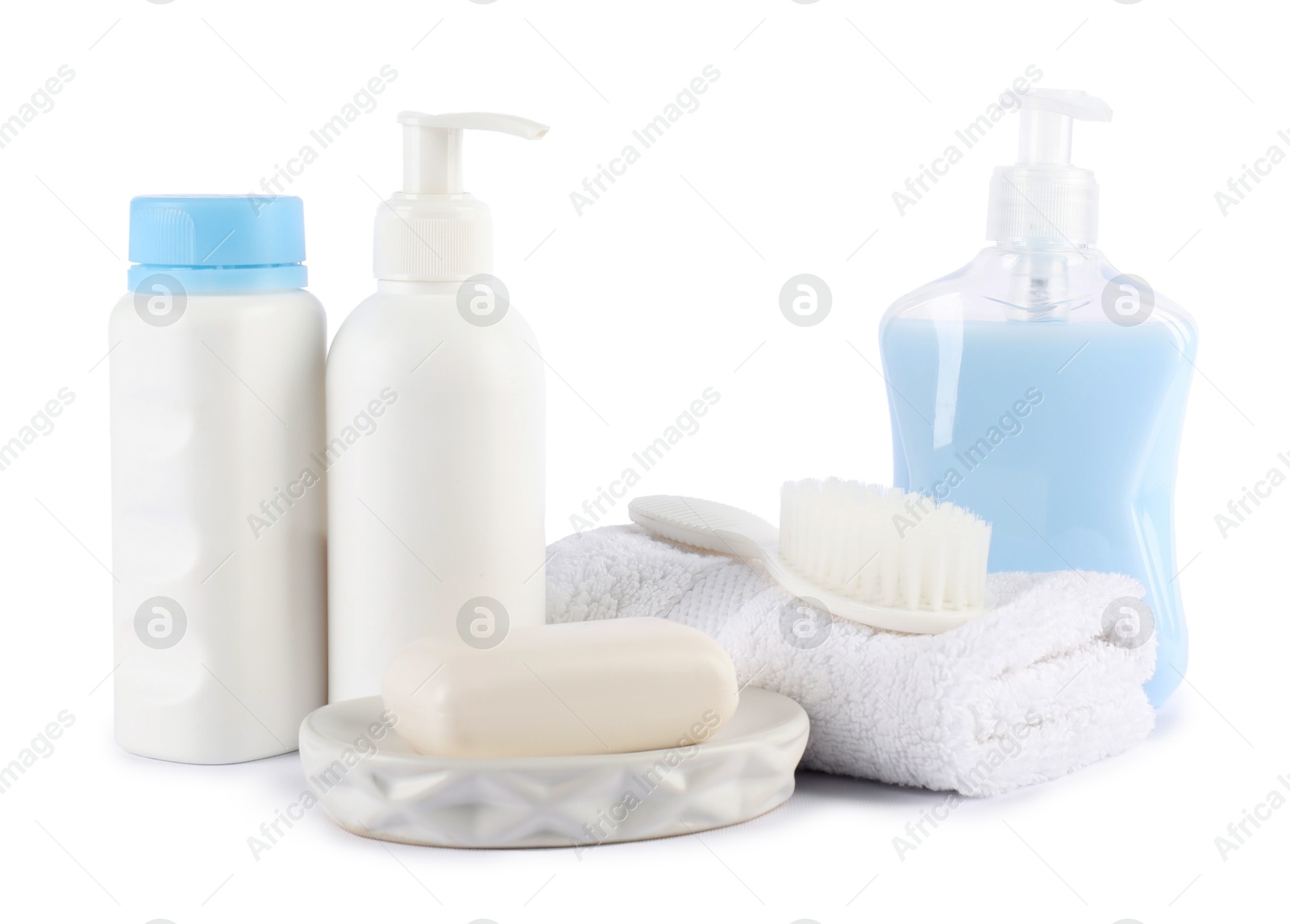 Many different baby bathroom necessities isolated on white Photo of Many different baby bathroom necessities isolated on white