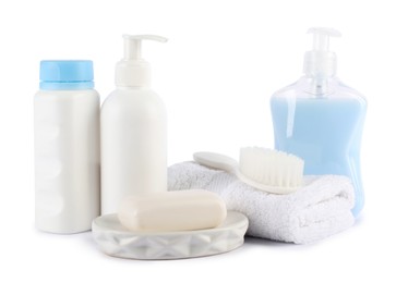 Photo of Many different baby bathroom necessities isolated on white