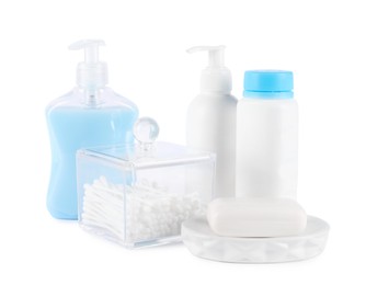 Photo of Many different baby bathroom necessities isolated on white
