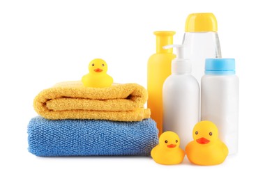 Photo of Many different baby bathroom necessities isolated on white