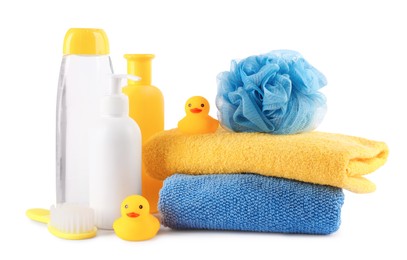 Photo of Many different baby bathroom necessities isolated on white