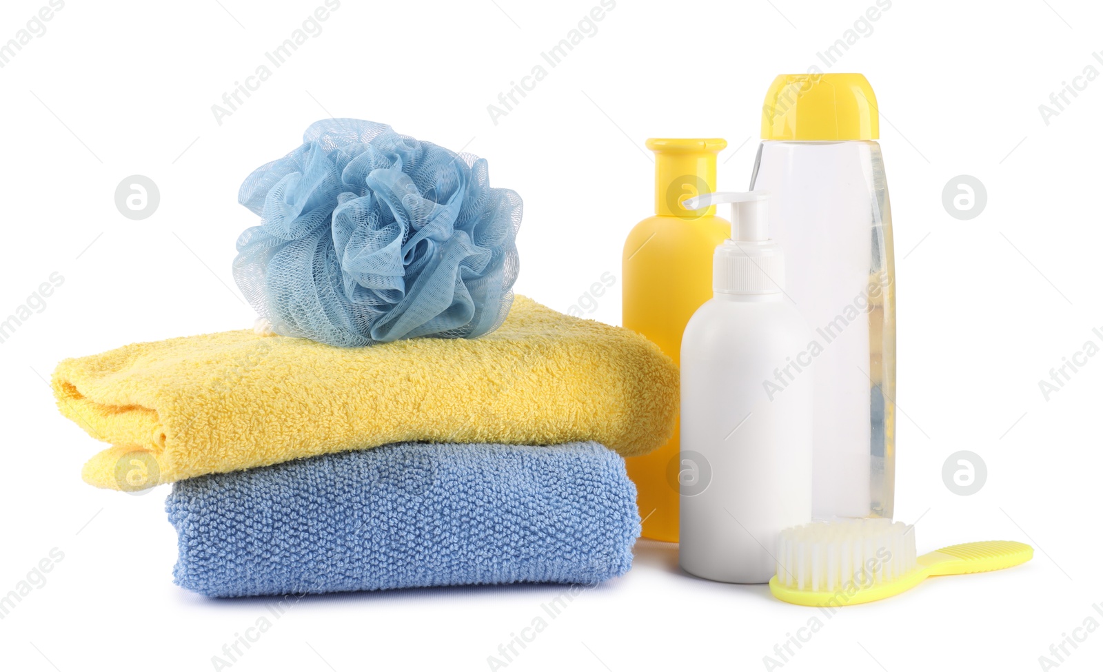 Many different baby bathroom necessities isolated on white Photo of Many different baby bathroom necessities isolated on white