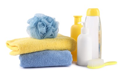 Photo of Many different baby bathroom necessities isolated on white