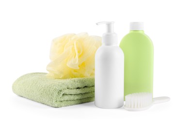 Photo of Many different baby bathroom necessities isolated on white