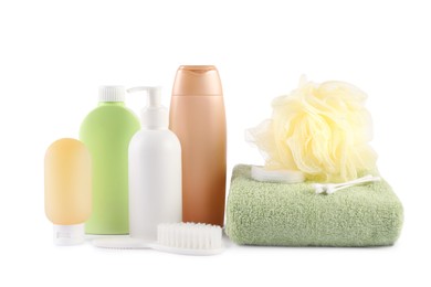 Photo of Many different baby bathroom necessities isolated on white