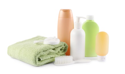 Photo of Many different baby bathroom necessities isolated on white