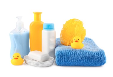 Photo of Many different baby bathroom necessities isolated on white