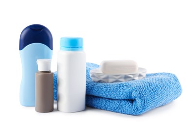 Photo of Many different baby bathroom necessities isolated on white