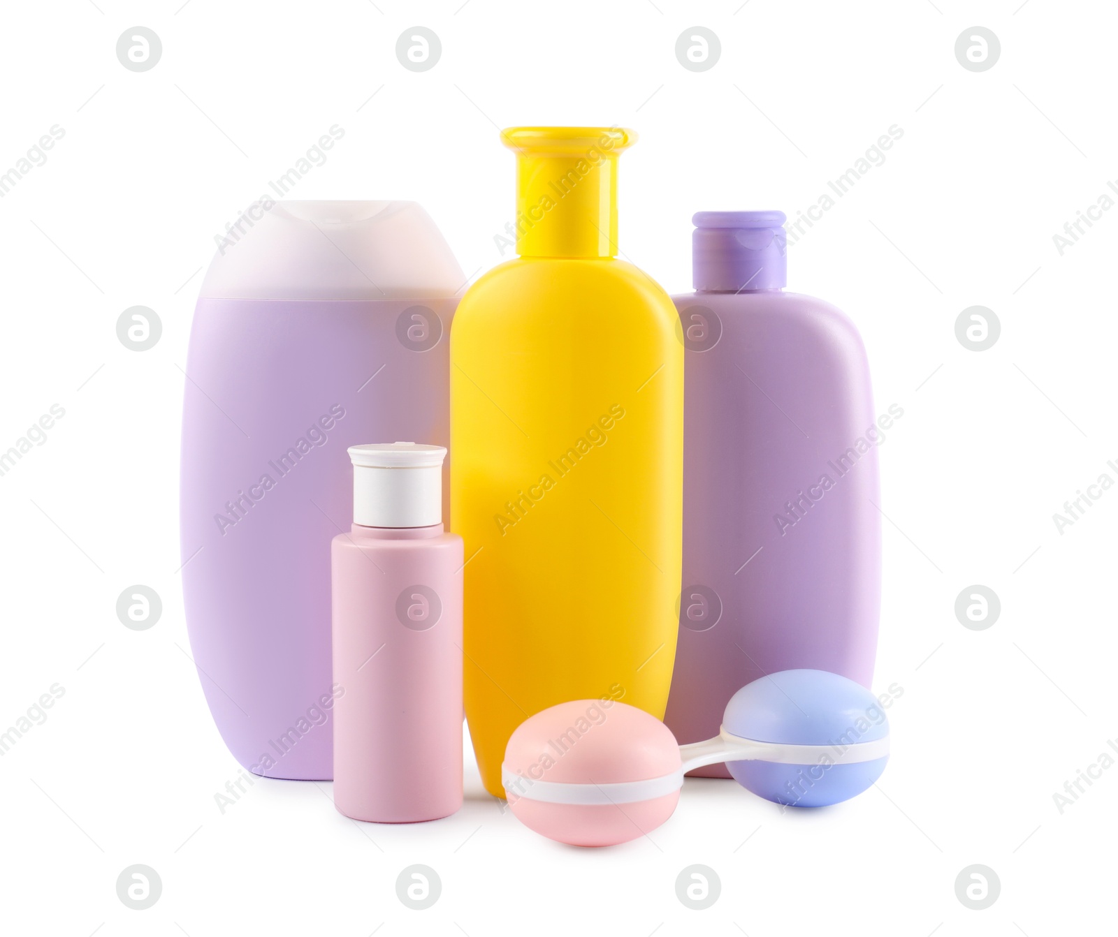 Photo of Different baby cosmetic products isolated on white