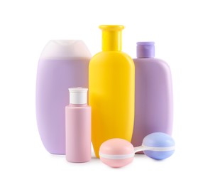 Photo of Different baby cosmetic products isolated on white