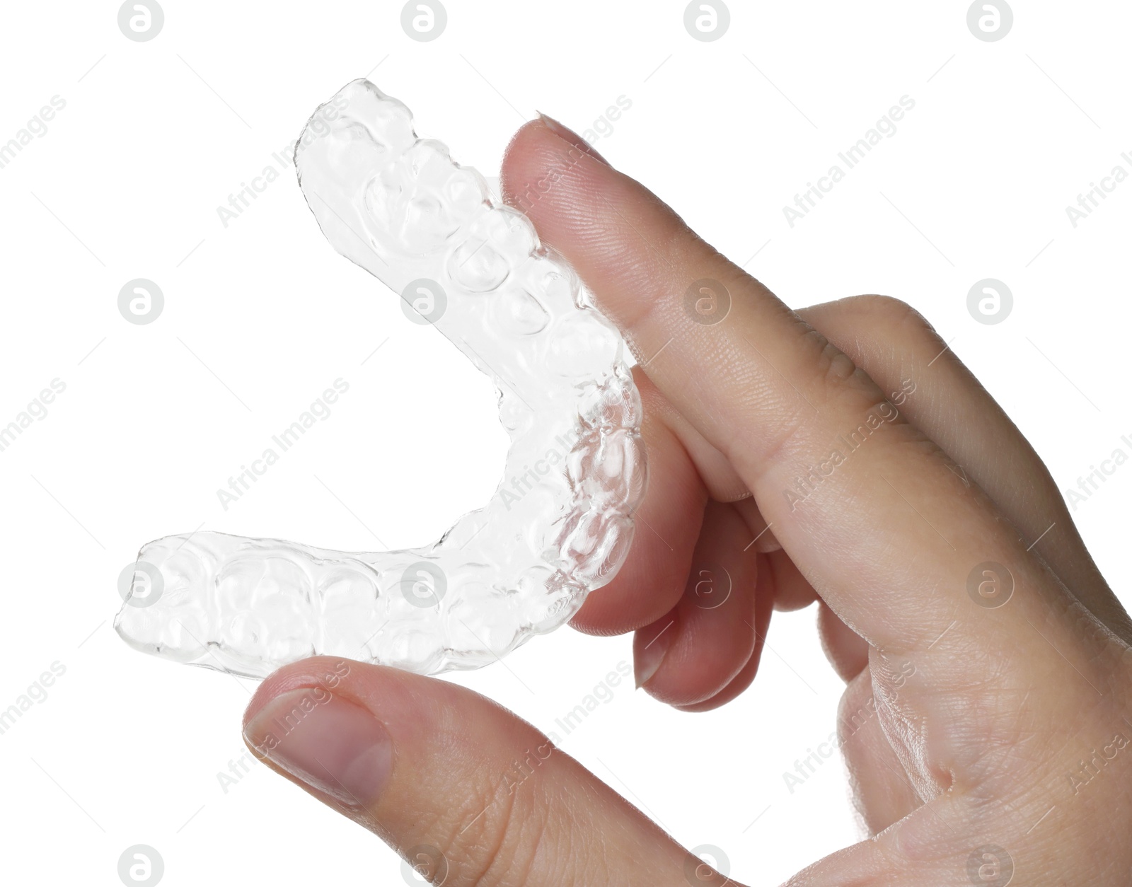 Woman with dental aligner on white background, closeup Photo of Woman with dental aligner on white background, closeup
