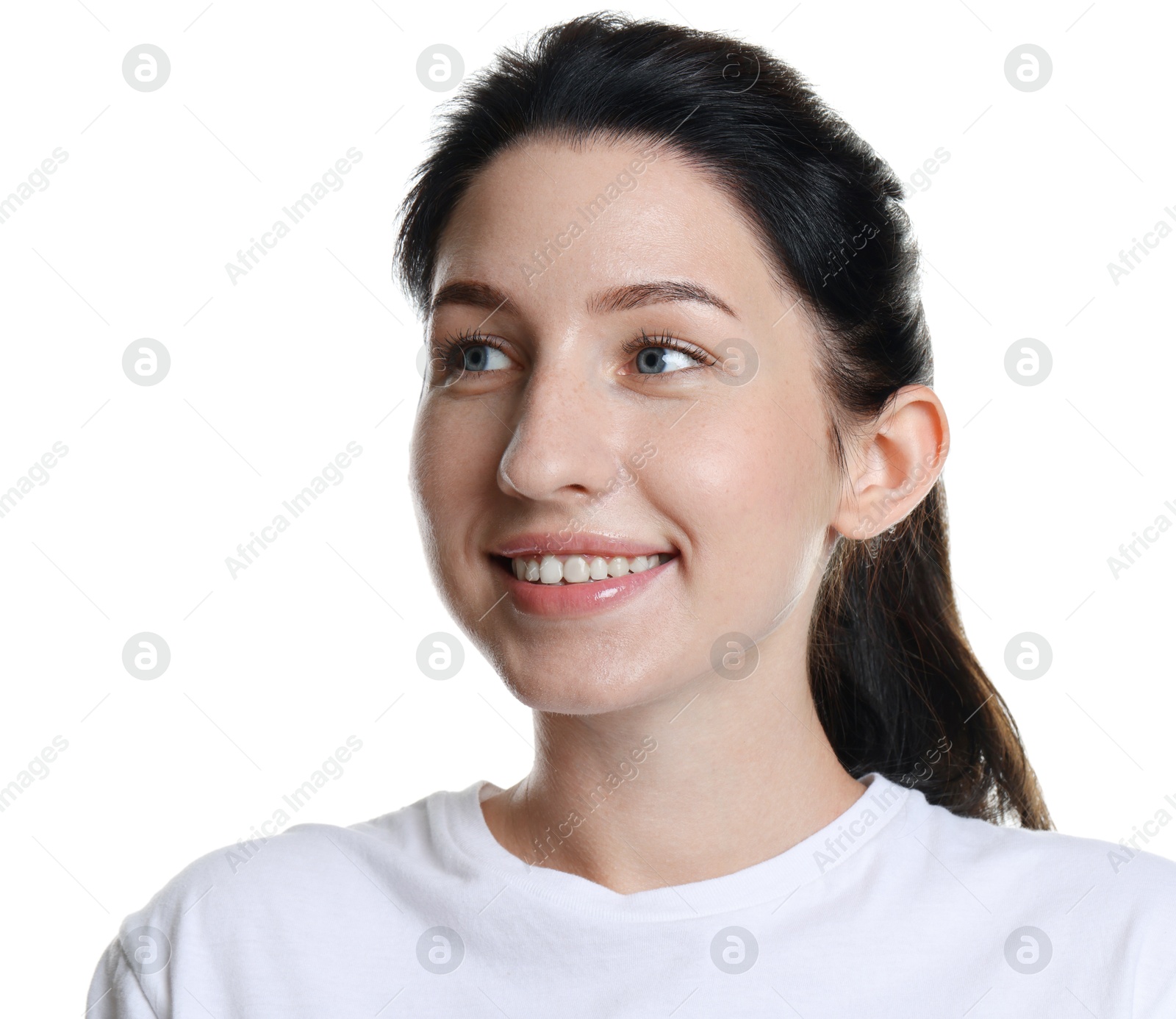 Smiling woman after dental aligners treatment on white background Photo of Smiling woman after dental aligners treatment on white background