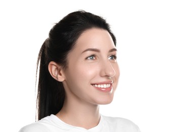 Photo of Smiling woman after dental aligners treatment on white background