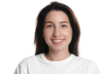 Photo of Portrait of smiling woman after dental aligners treatment on white background