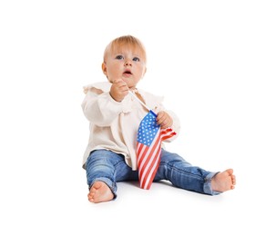 Photo of Cute little child with flag of USA on white background