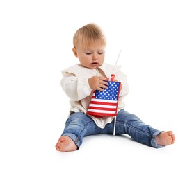 Photo of Cute little child with flag of USA on white background
