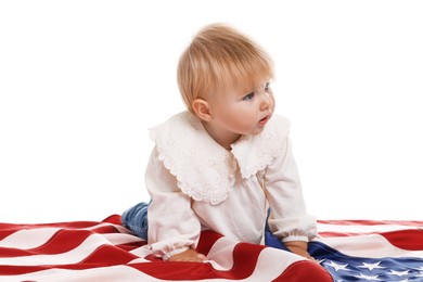 Photo of Cute little child with flag of USA on white background