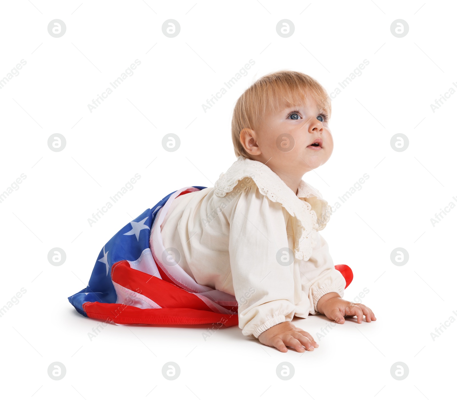 Photo of Cute little child with flag of USA on white background