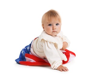 Photo of Cute little child with flag of USA on white background