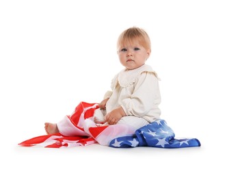 Photo of Cute little child with flag of USA on white background