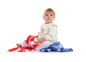 Photo of Cute little child with flag of USA on white background