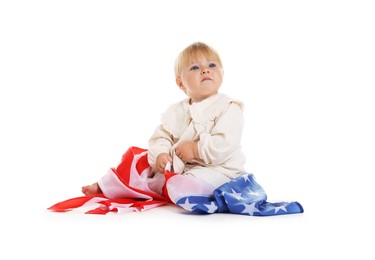 Photo of Cute little child with flag of USA on white background