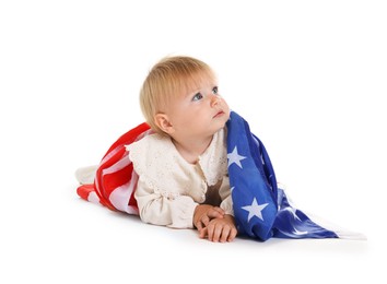 Photo of Cute little child with flag of USA on white background