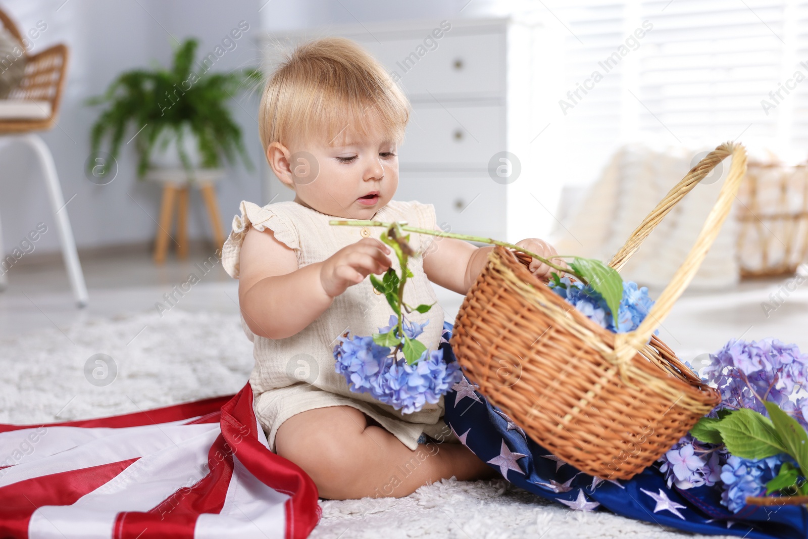 Photo of Cute little child with flag of USA and wicker basket of hydrangea flowers on floor at home