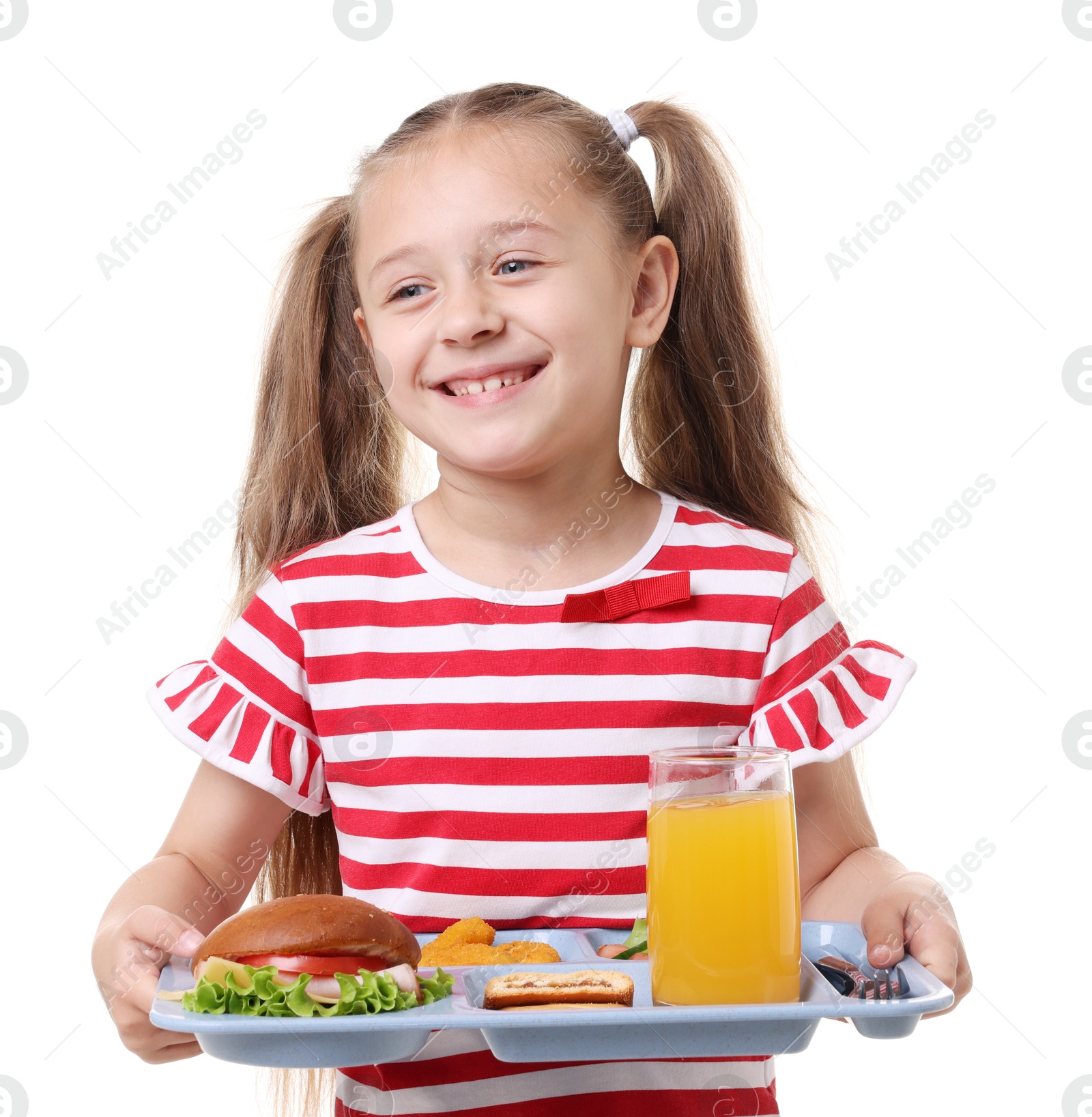 Little girl with tray of tasty food on white background Photo of Little girl with tray of tasty food on white background