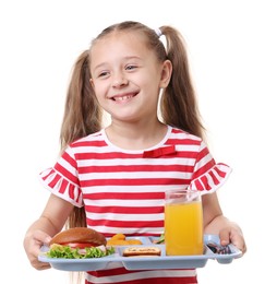 Photo of Little girl with tray of tasty food on white background