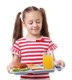 Photo of Little girl with tray of tasty food on white background