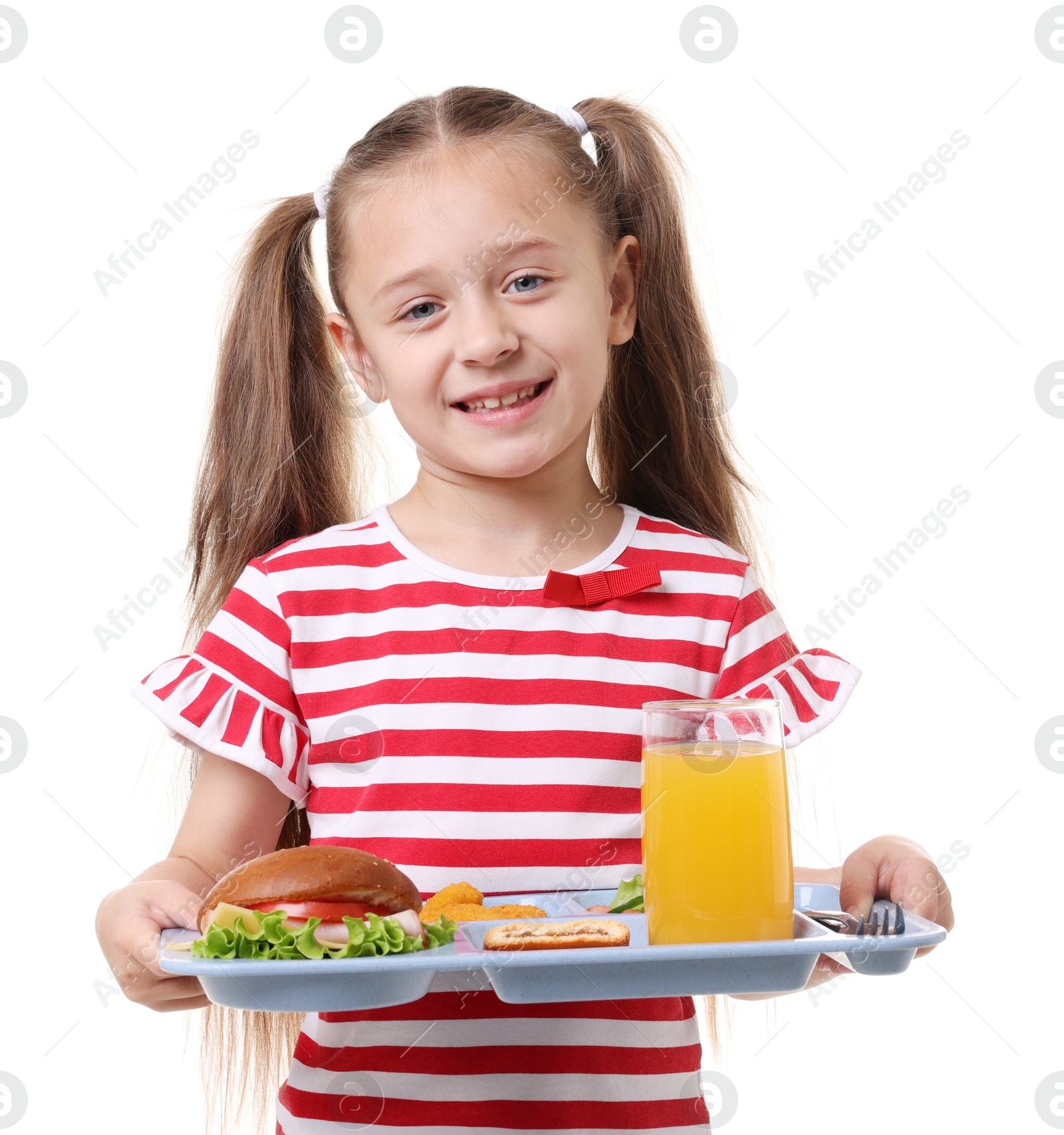 Little girl with tray of tasty food on white background Photo of Little girl with tray of tasty food on white background