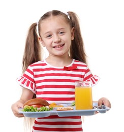 Photo of Little girl with tray of tasty food on white background