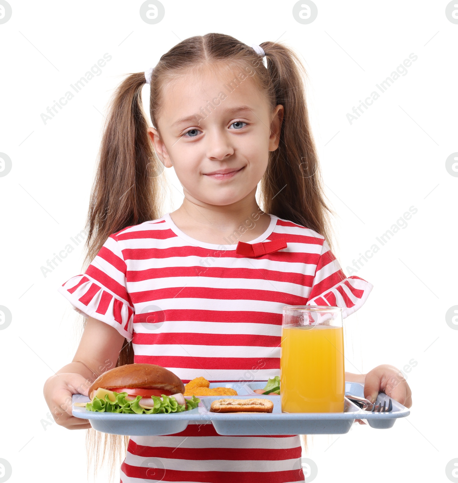 Little girl with tray of tasty food on white background Photo of Little girl with tray of tasty food on white background